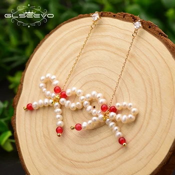 

GLSEEVO Long Drop Bow Earrings Original Design Natural Fresh Water Pearl Earrings For Women Gift Bijoux Fine Jewelry GE0739