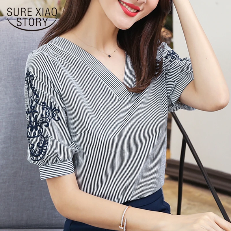 

New 2018 Summer Chiffon Women Blouse Shirts Fashion Striped Casual Women Tops Embroidery Short Sleeve Women Clothing 0513 40