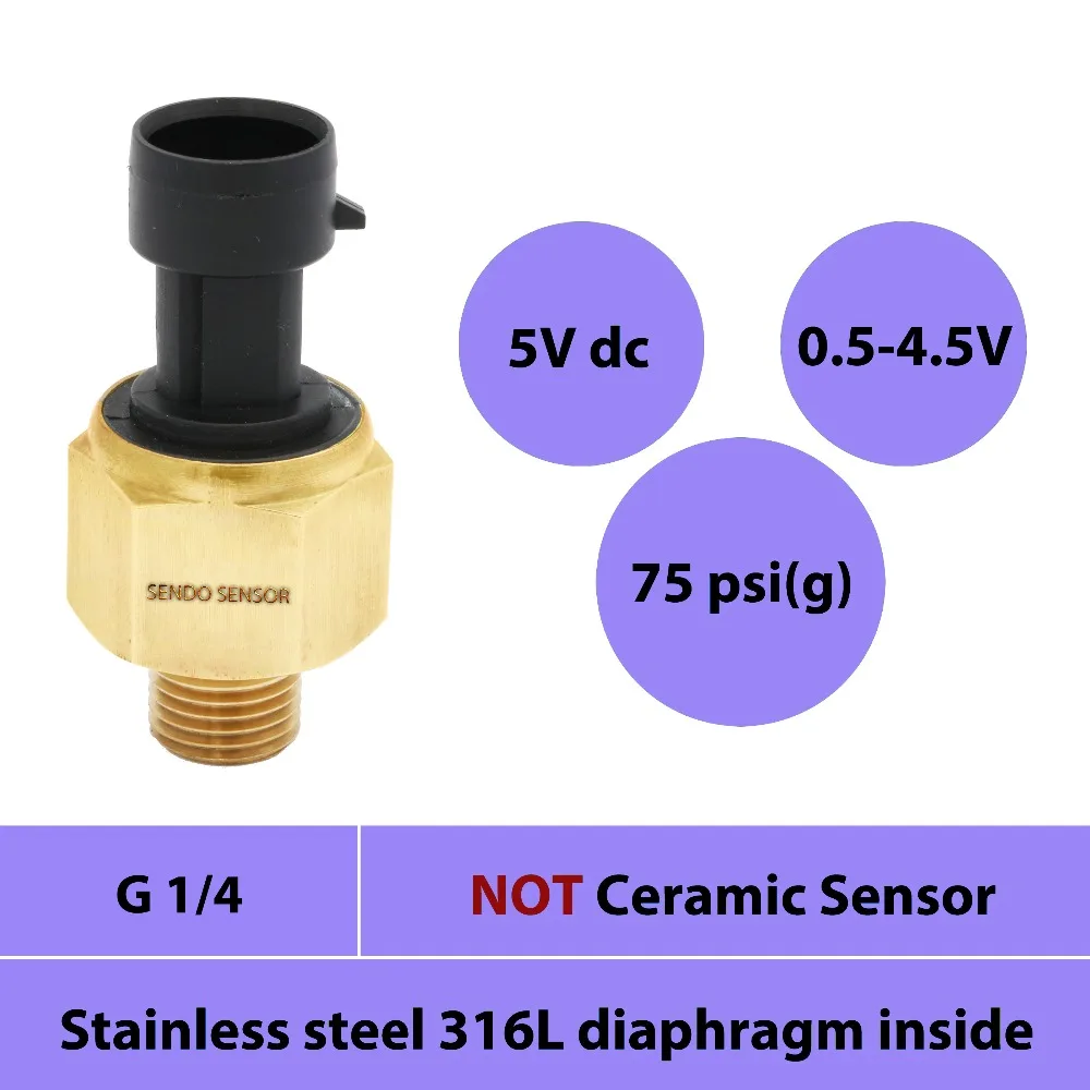 

pressure transmitter sensor, 0 to 75psi gauge, 0.5 to 4.5V signal, diaphragm AISI 316L, G1 4 thread, 5vdc supply, Packard, IP65