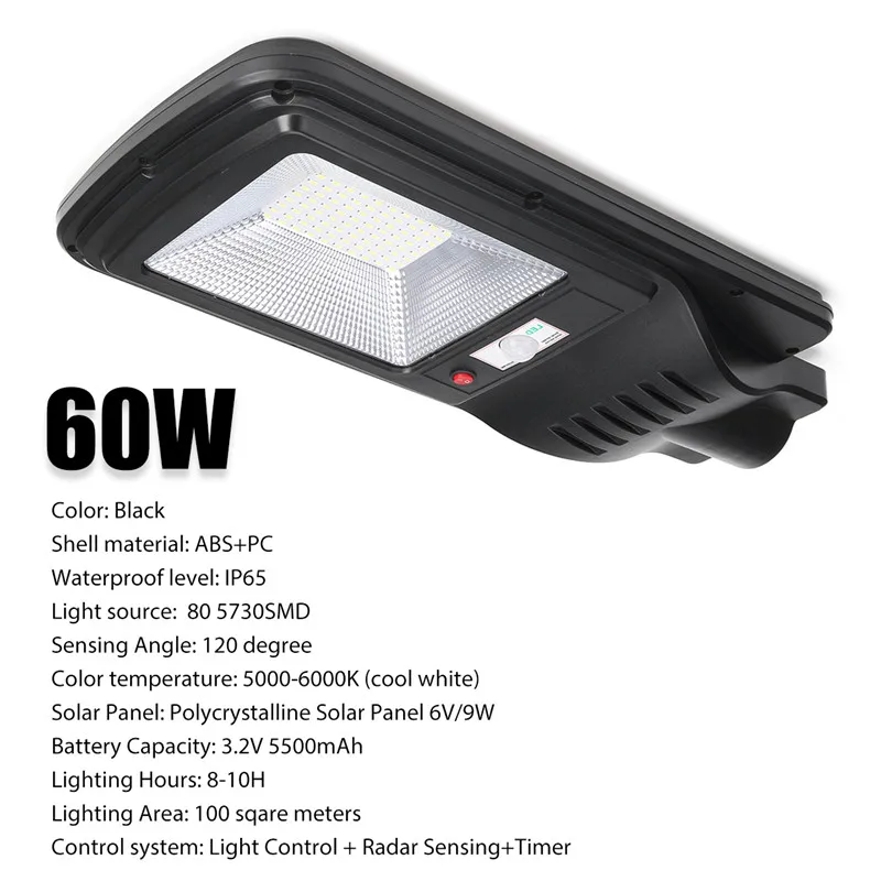 

Mising 60W LED Solar Street Light 80 LED Wall Lamp Light Control+Radar PIR Sensing+Timer Waterproof for Street Garden Yard