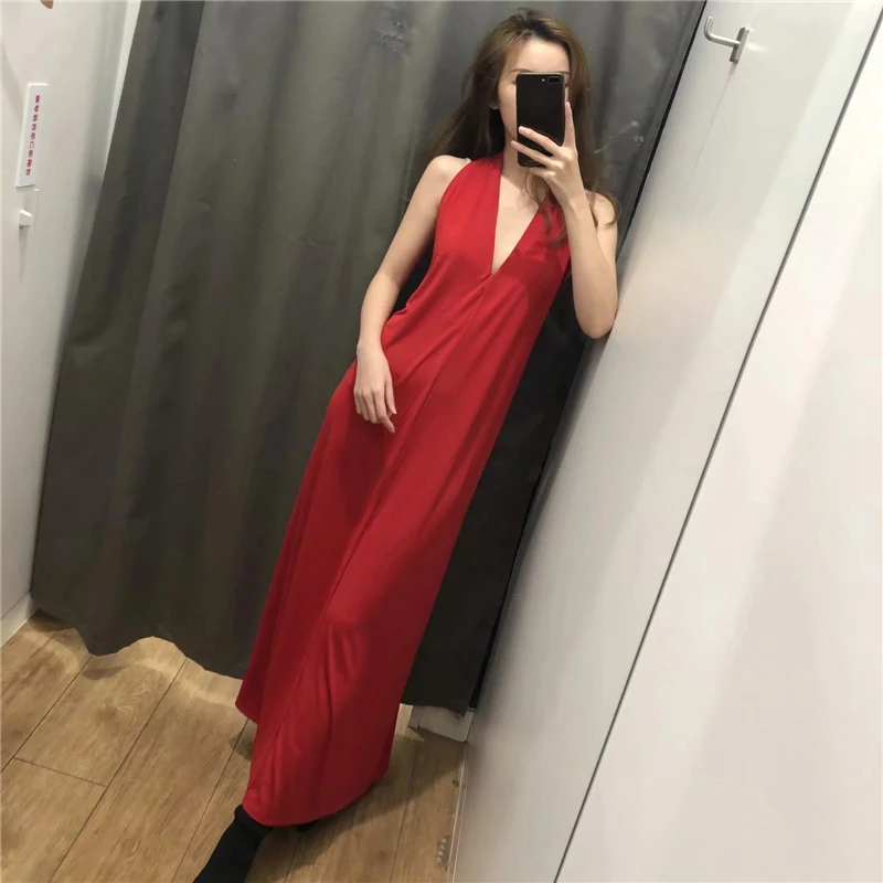 

Red Sexy Sling Dress Women's Casual Solid Backless Deep V-Neck Slim Summer A-Line Dress Fashion Beach Ankle-Length Dresses