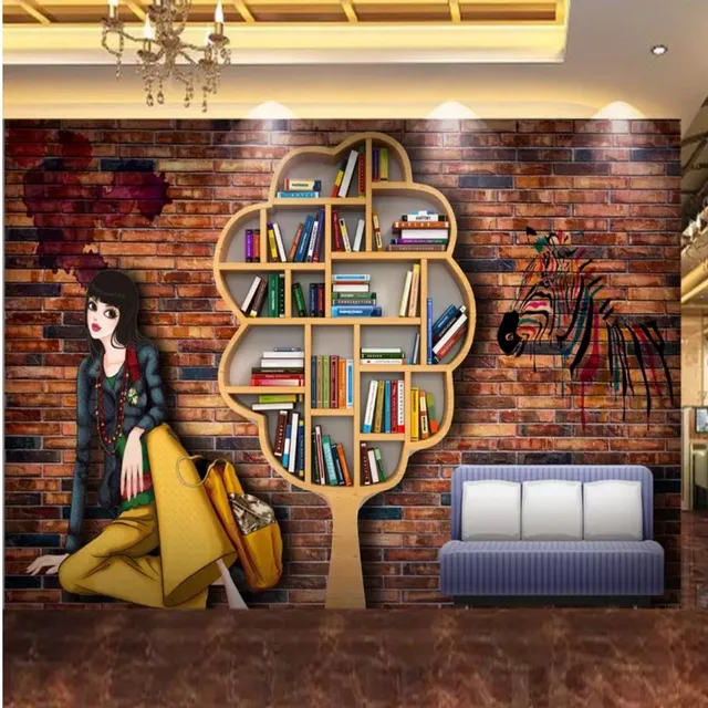 Living room creative bookshelf wallpaper nostalgic brick wall bookcase