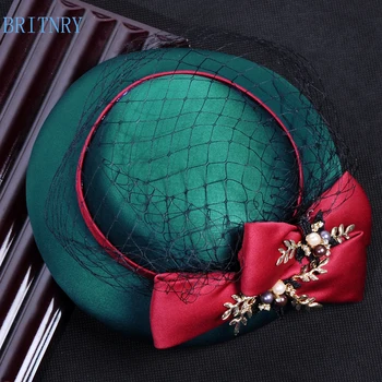 

BRITNRY New Arrival Fashion Wedding Hat Handmade Green Bride Hat Vintage Tulle with Bow Hat Wedding Accessories for Hair