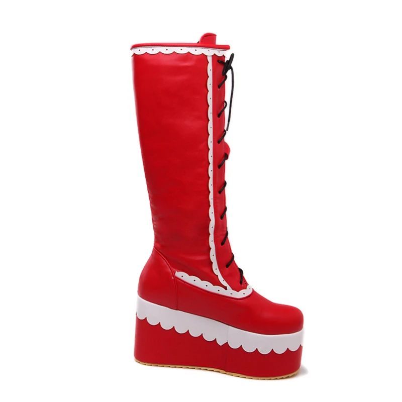 Skup KarinLuna nowy duży rozmiar grube platformy cosplay patchwork dziewczyny buty kobiety moda kliny wysoki obcas koronki up dodaj zimowe buty z futerkiem