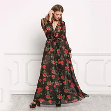 RUBU Summer Womens Long Maxi Dress New Arrival Ladies Boho V-neck Hollow Long Sleeve Split Rose Flowers Tropical Print Dresses