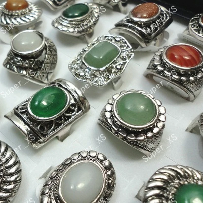 

10Pcs Vintage Jewelry Retro Natural Stone Women Tibet Silver Plated Rings Lots Adjustable Size LR074