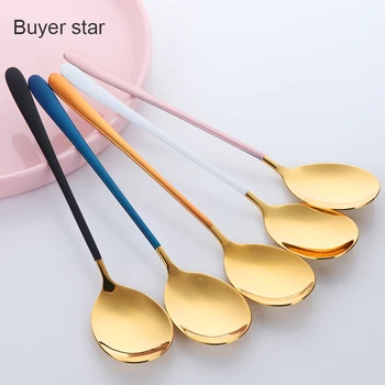 

Hot 2pcs Metal Korean Dessert Spoon Gold Silver Coffee Spoon 5 Color Stainless Steel 18/10 Polsh Long Handled Spoon Scoop Ladle