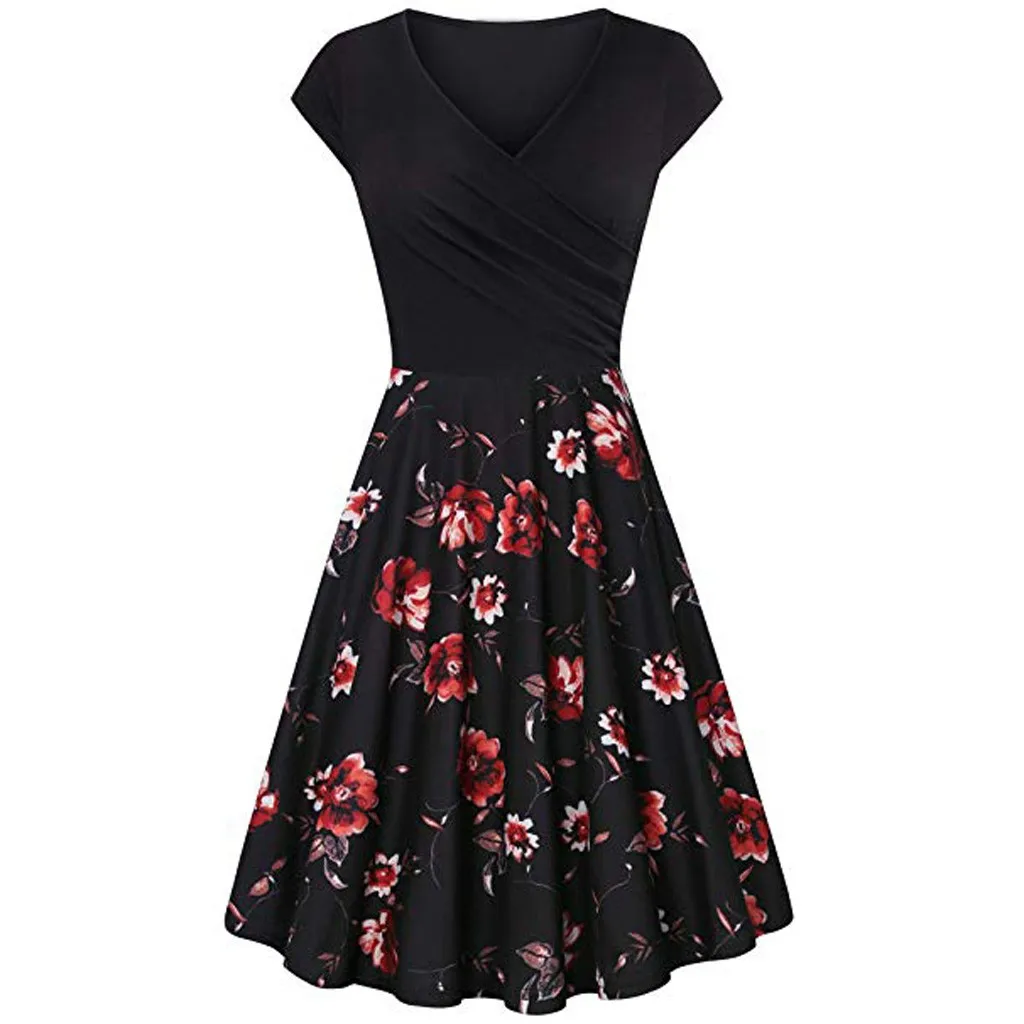 

Women's Short Sleeve Cross V- Neck Dresses Vintage Elegant Flared A-Line Dress