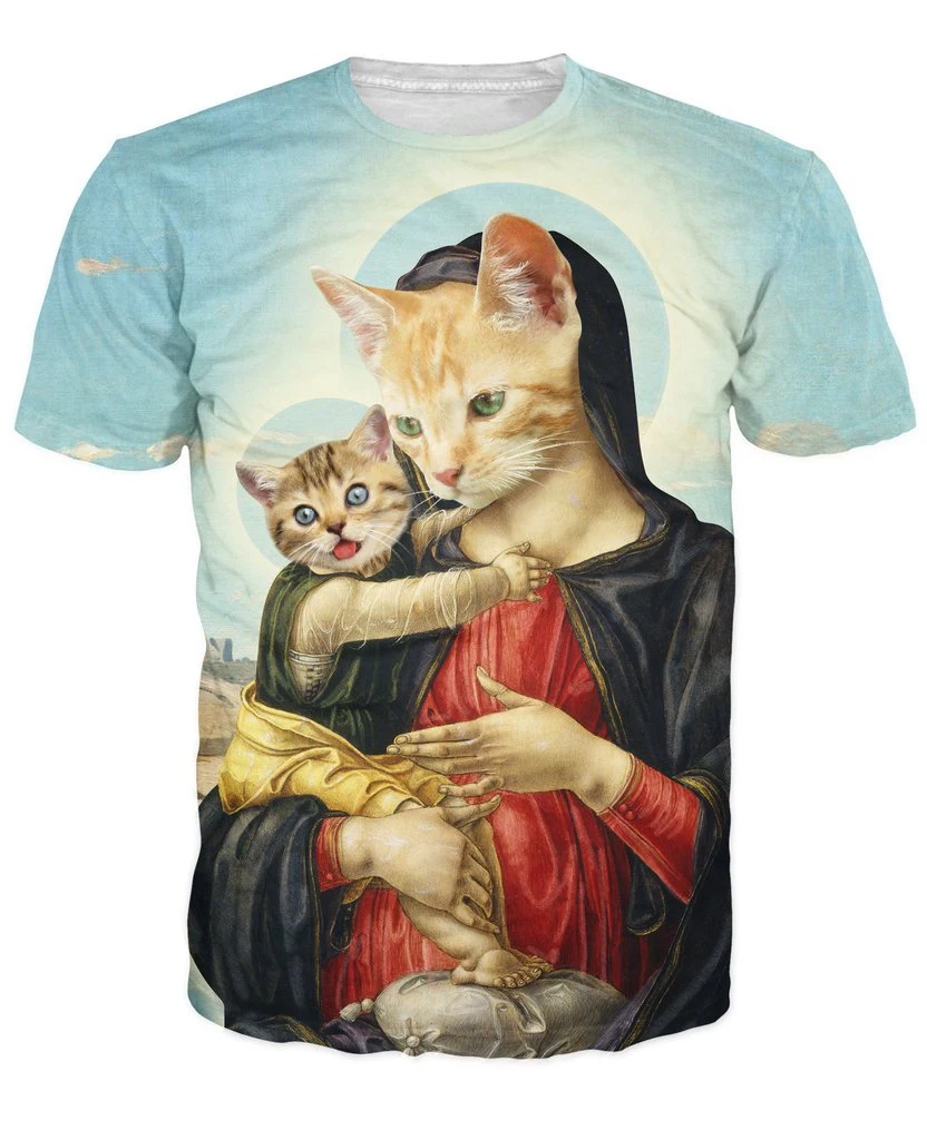 Святой мать и котенок футболка смесь между эпохи Возрождения Искусство и кошки 3D Футболка с принтом женские и мужские футболки