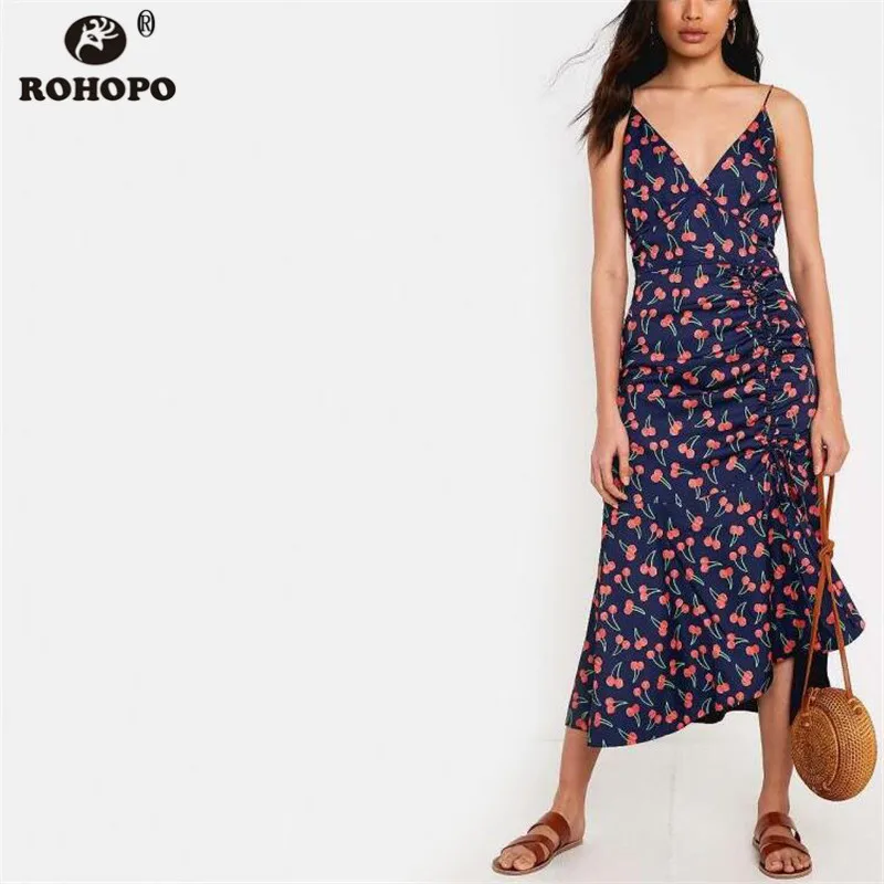

ROHOPO Female Chic Cherry Printed Double Layers Dress Summer Spaghetti Strap Draped Party Girl Vestido #UK9004
