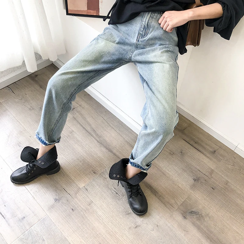 

Fashion Women Jeans Loose Light Blue Color Harlan Jeans Female Cool Long Jeans New High Street