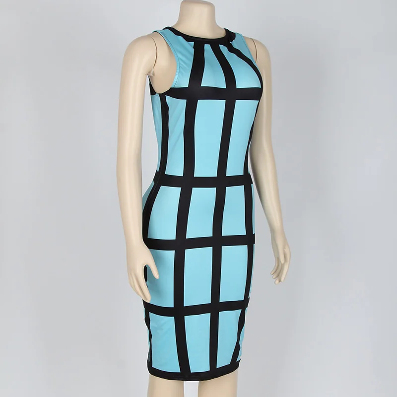 Kostlich Summer Dress New Fashion Women O-Neck Sleeveless Plaid Sexy Bodycon Mini Dress Plus Size Party Night Club Wear Vestidos (36)