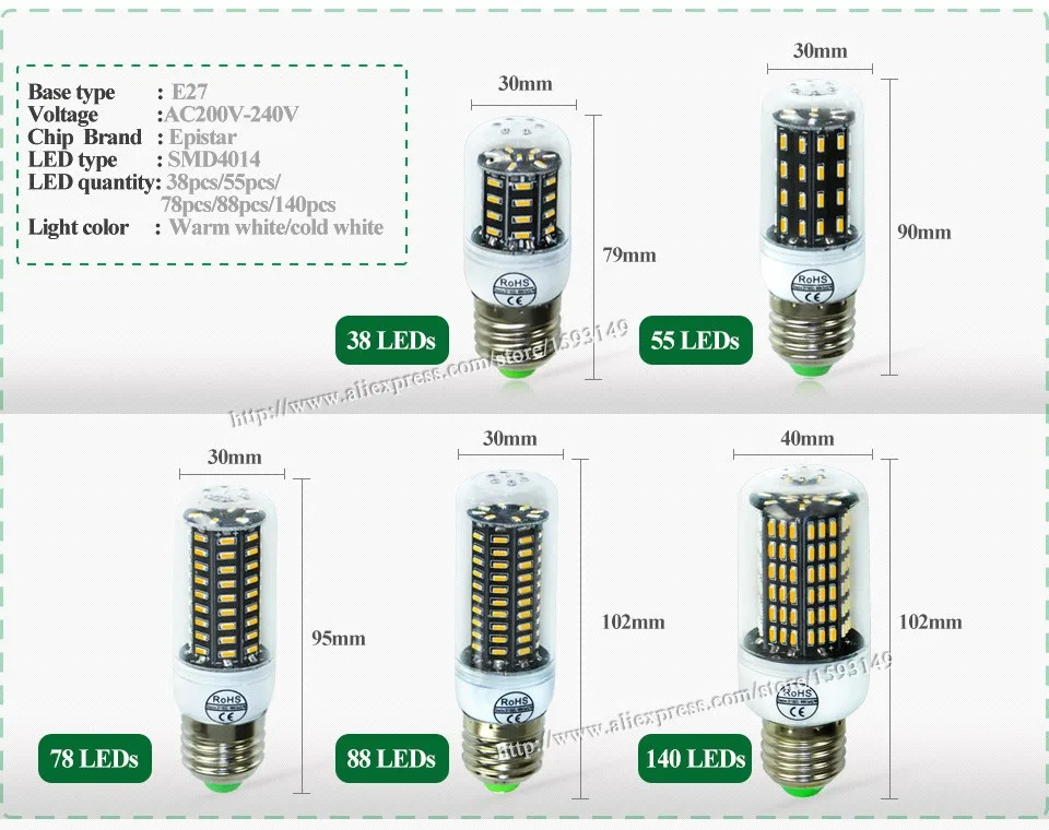 E14 светодиодный E27 Светодиодный Светильник Мозоли 220 V 4014SMD светодиодный кукурузная осветительная лампочка 38 55 78 88 140 светодиодная люстра в форме свечи bombillas светодиодный лампада освещение