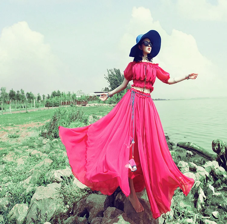 Soie Skirt Haute D'été Fée Jupe Taille Maxi De Mousseline Longues Red Swing Voyage 2018 Rouge Grand Femmes Couleur Unie Jupes CqqnRwOHx
