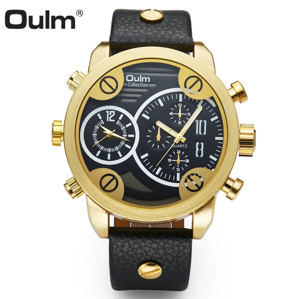 

OULM Top Brand Luxury Quartz Watch Men 2 Time Zone Leather Strap Golden Big Case Fashion Casual Sports Wristwatches for Men 2019