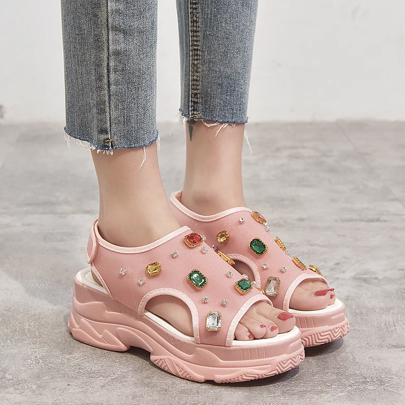 Zatsop New Gemstone Chunky Sandals Women sandales femme 2019 Crystal Platform Flat Sandals Ladies White Yellow Pink Summer Shoes