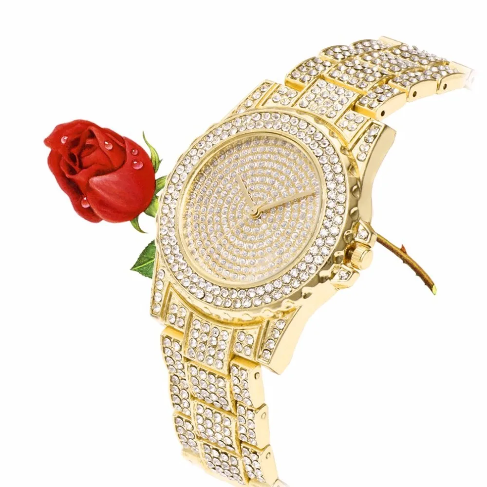 Для женщин часы горный хрусталь часы браслет Роскошные Водонепроницаемый Кварцевые женские розового золота часы с Нержавеющая сталь
