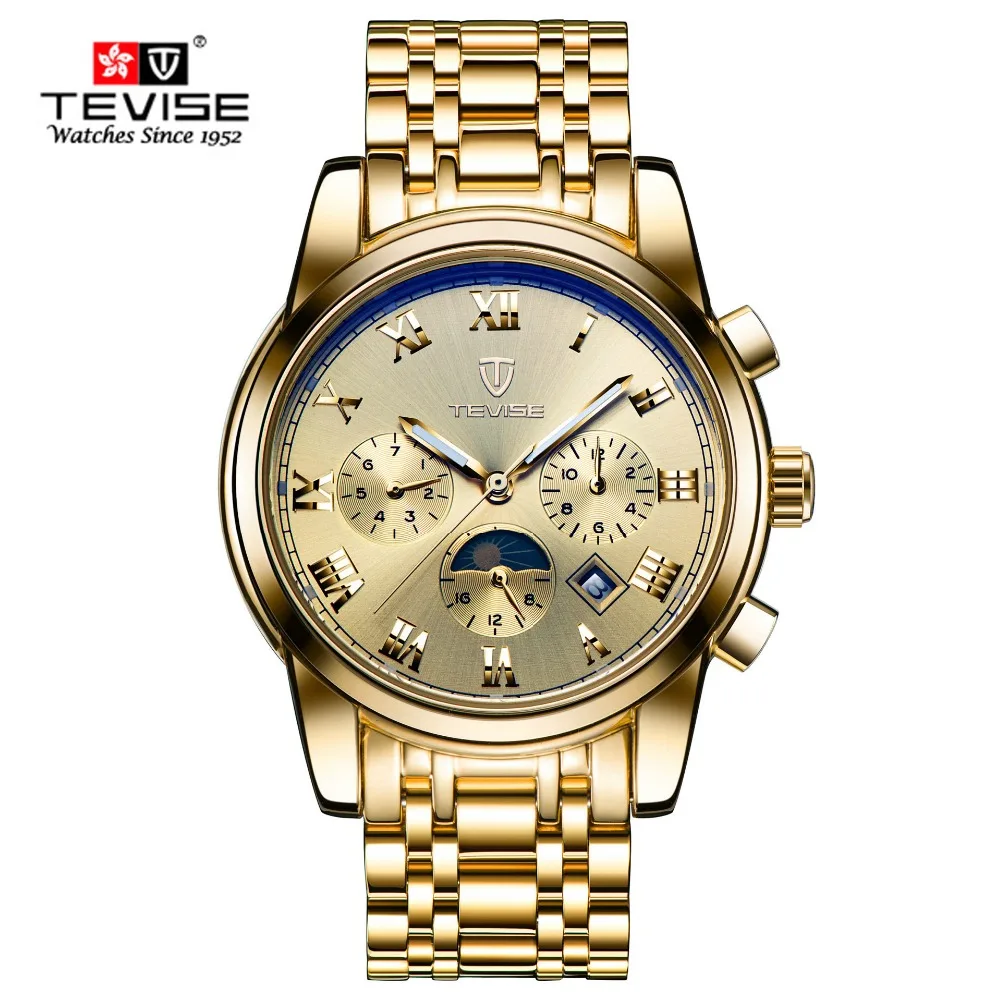 TEVISE new Automatic mechanical watches men casual waterproof wristwatch Moon Phase Steel brand Gold watch for male hour montre