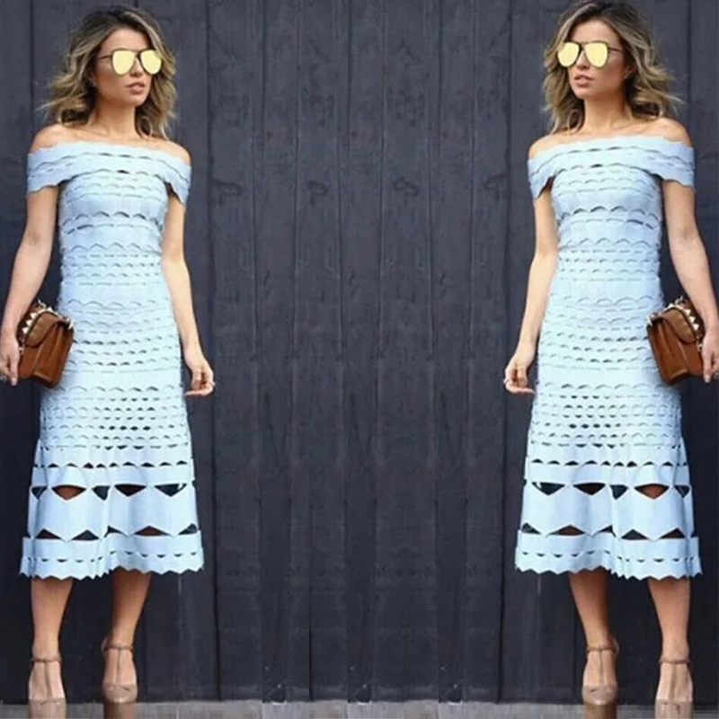 

Elegant Baby Blue Bandage Dress 2018 New Fashion Off The Shoulder Jacquard Bodycon Long Night Out Party Dress Vestidos Wholesale