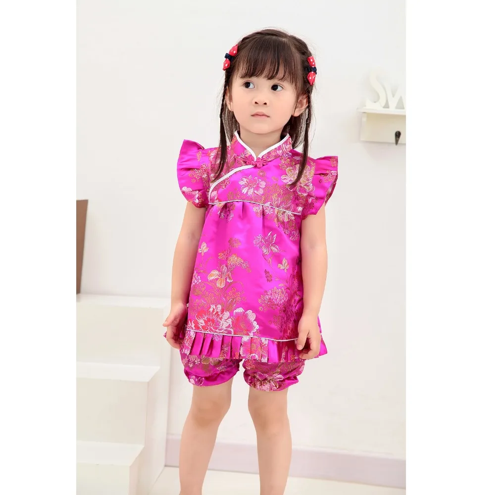 Новые летние комплекты одежды с цветочным рисунком для маленьких девочек, костюмы для младенцев, новогодние китайские топы, платья, короткие штаны, Ципао, чонсам