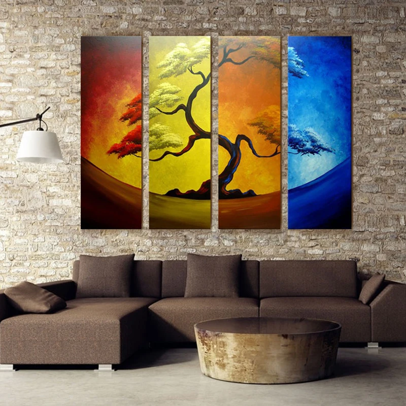 

4 Pcs Canvas Art Hand Painted Abstract Tree Oil Painting Handmade Landscape Painting Cuadros Decoration For Living Room Unframed