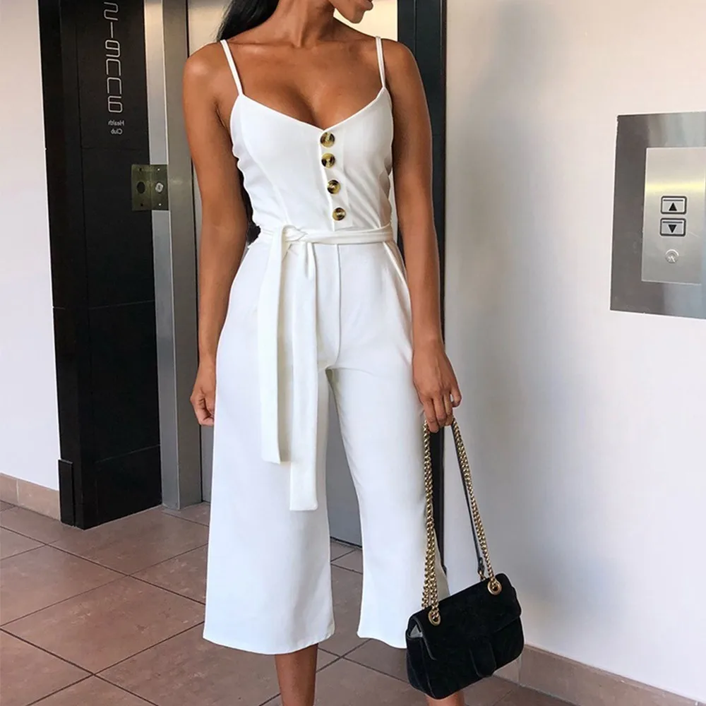 

Sexy Jumpsuits Women Rompers Elegant Belt Bandage Buttons Casual Wide Leg Pants Jumpsuit Overalls Summer Solid White Jumpsuit