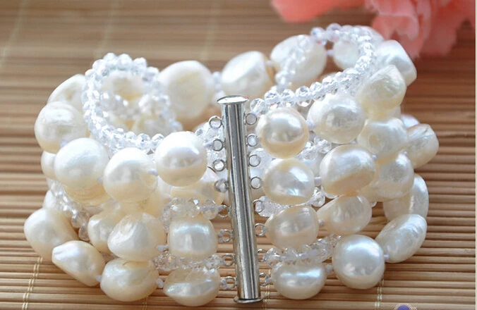 

Free shipping@@@@@ P4271 8row 8" 15mm WHITE BAROQUE freshwater pearl faceted crystal BRACELET
