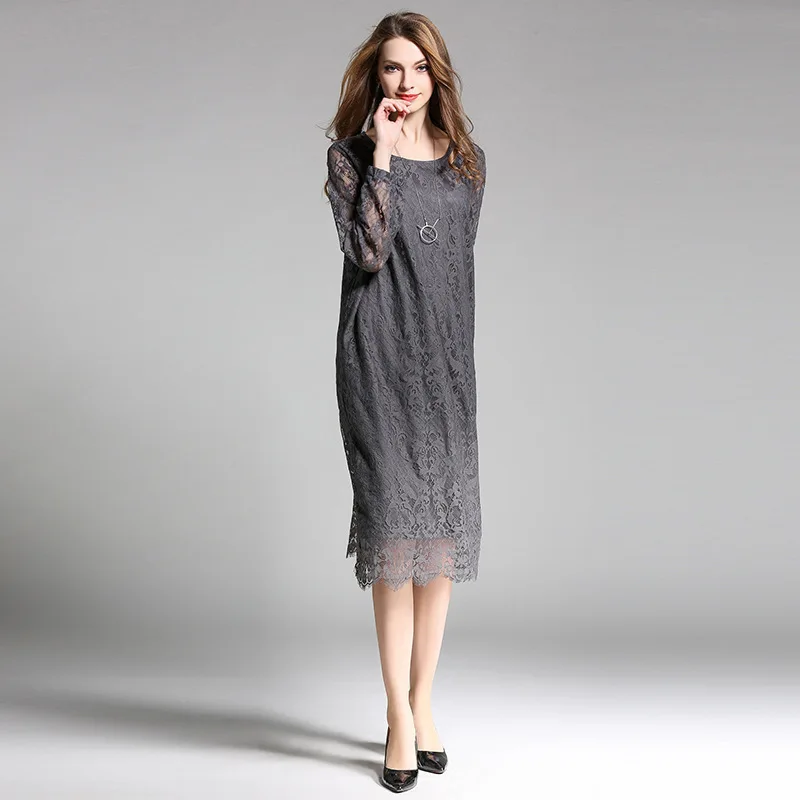 LANMREM Новое винтажное кружевное прозрачное женское платье с О-образным вырезом и длинным рукавом модная Свободная Женская одежда больших размеров ZA451