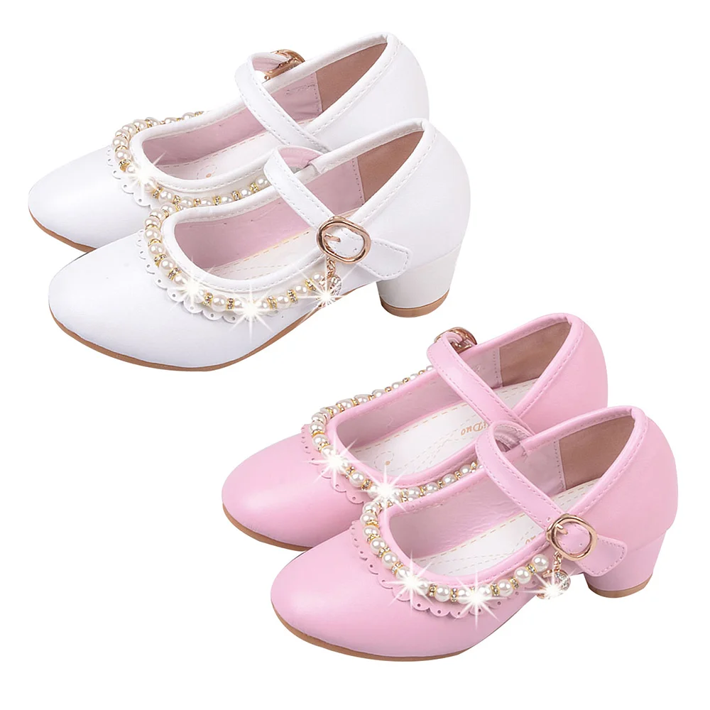 

2019 Summer Children Party Leather Shoes Girls PU Mid Heel Pearl Kids Shoes For Girls Wedding Parity Dance Dress Shoe P25