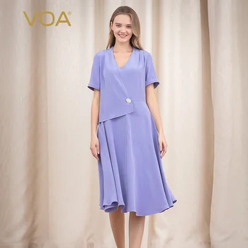 

VOA new toon purple silk V-neck casual comfortable short-sleeved dress A10567
