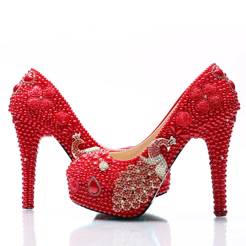 

34-45 Chinese Lucky Red Custom Handmade Pearls with Phoenix Alloy Metal Decor Fashion Sparkle High Heel Wedding Bride Shoes