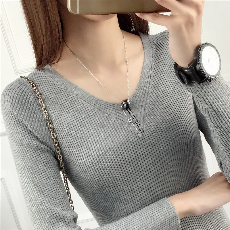 

Women Sweater Spring Slim V-Neck Short Women Pullover Black Red White Grey long Sleeve Knitted Basic Knitwear Jumper Ladies Tops