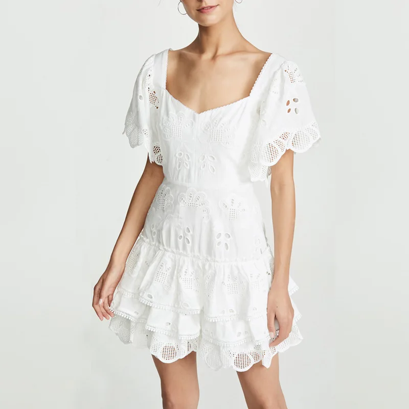 

Australia Designer Brand Dress for Women Square Collar Flared Short Sleeve Hollow Out Embroidery Ruffled White Dress Party