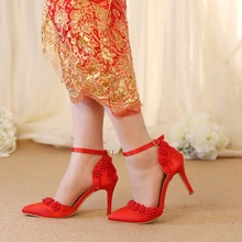 Hochzeit Sandalen Red Satin Mittlere Ferse Sexy Brautkleid Schuhe Perle Schnalle Frauen Pumpt Spitz Party Prom Schuhe