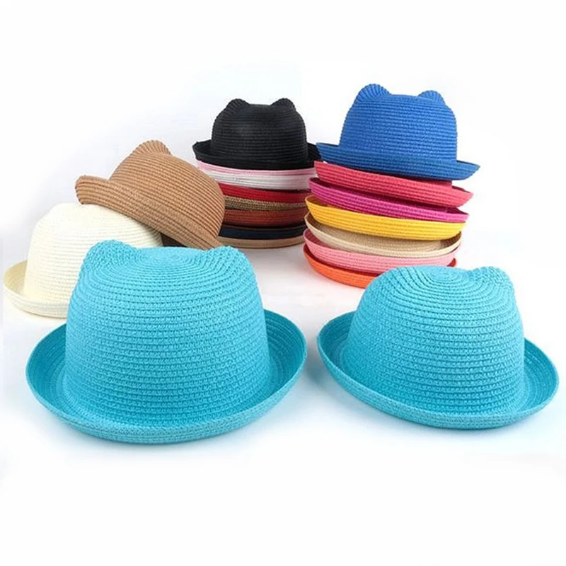 

Summer Baby Hat Cap Kids Breathable Straw Hat Cute Cat Ear Sun Hat Boys Girls Solid Floppy Panama Hats