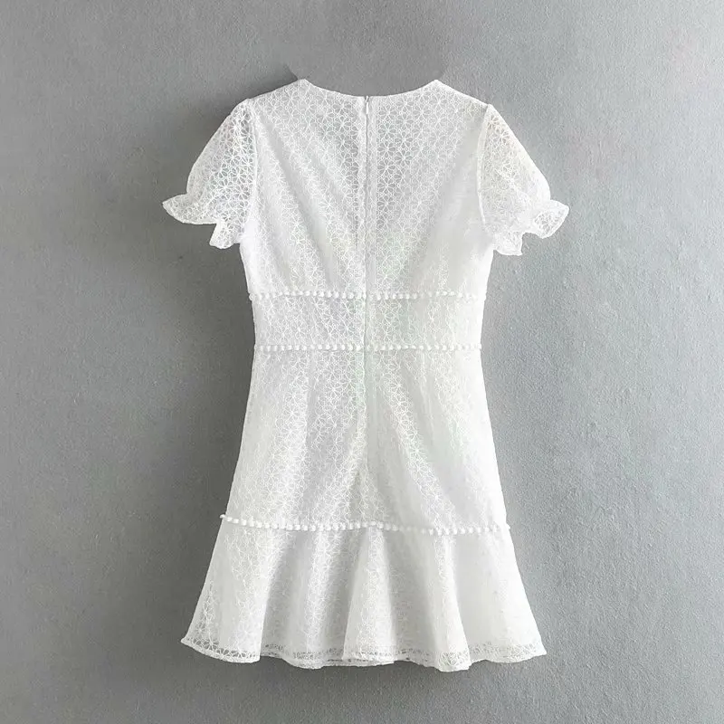 Сезон: весна-лето Белый Мини платье для женщин Мода однобортный Кнопка повседневное вышивка кружевные платья vestidos