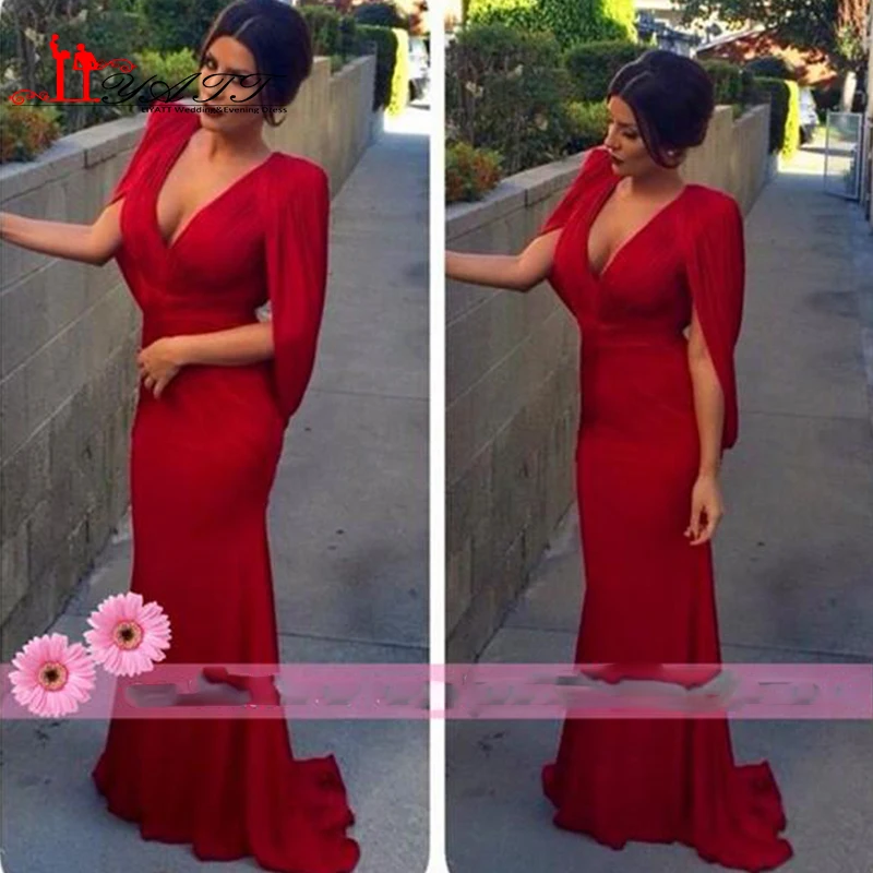 Mermaid Evening Dresses Sexy V Neck Capped Sleeves 2016 Arabic Qatar Women Ladies Wedding