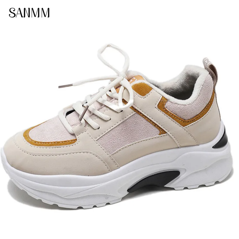 

SANMM Women Autumn Winter Sneakers Thick Sole Flat Platform Cotton Shoes Lace-Up Casual Shoes Mixed Colors Woman AZ84