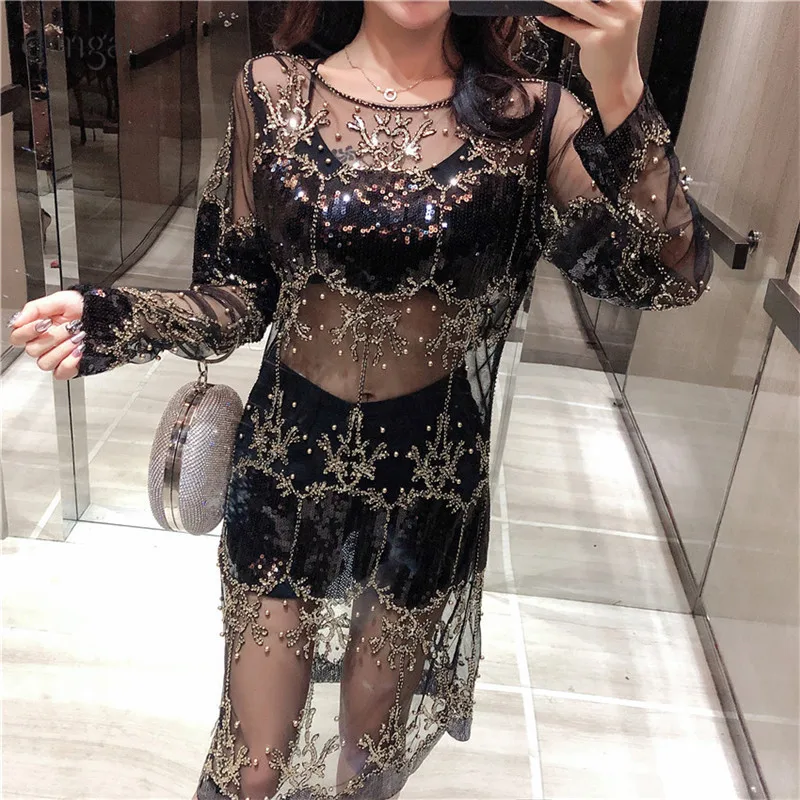 Dangal Sequin Luxury Women Dress Hip Hop Bling Heavy Beading Dress Women Dress Long Sleeve Sexy See-though Dresses For Party