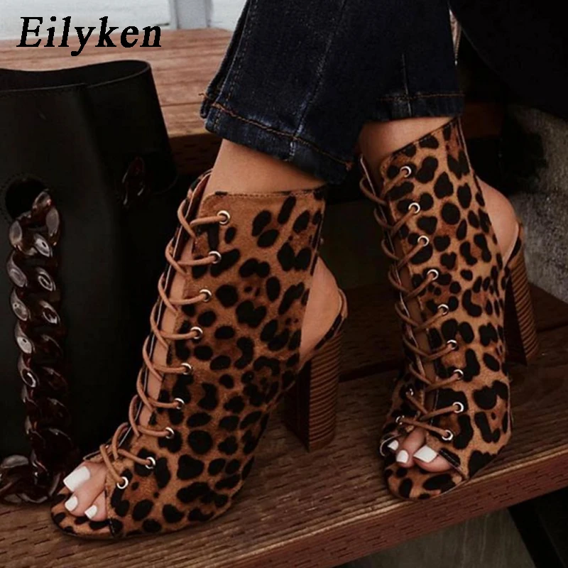 

Eilyken 2020 New Leopard Lace-Up Boots For Women Boots Sandals Peep Toe Square heel Ankle Booties size 35-42