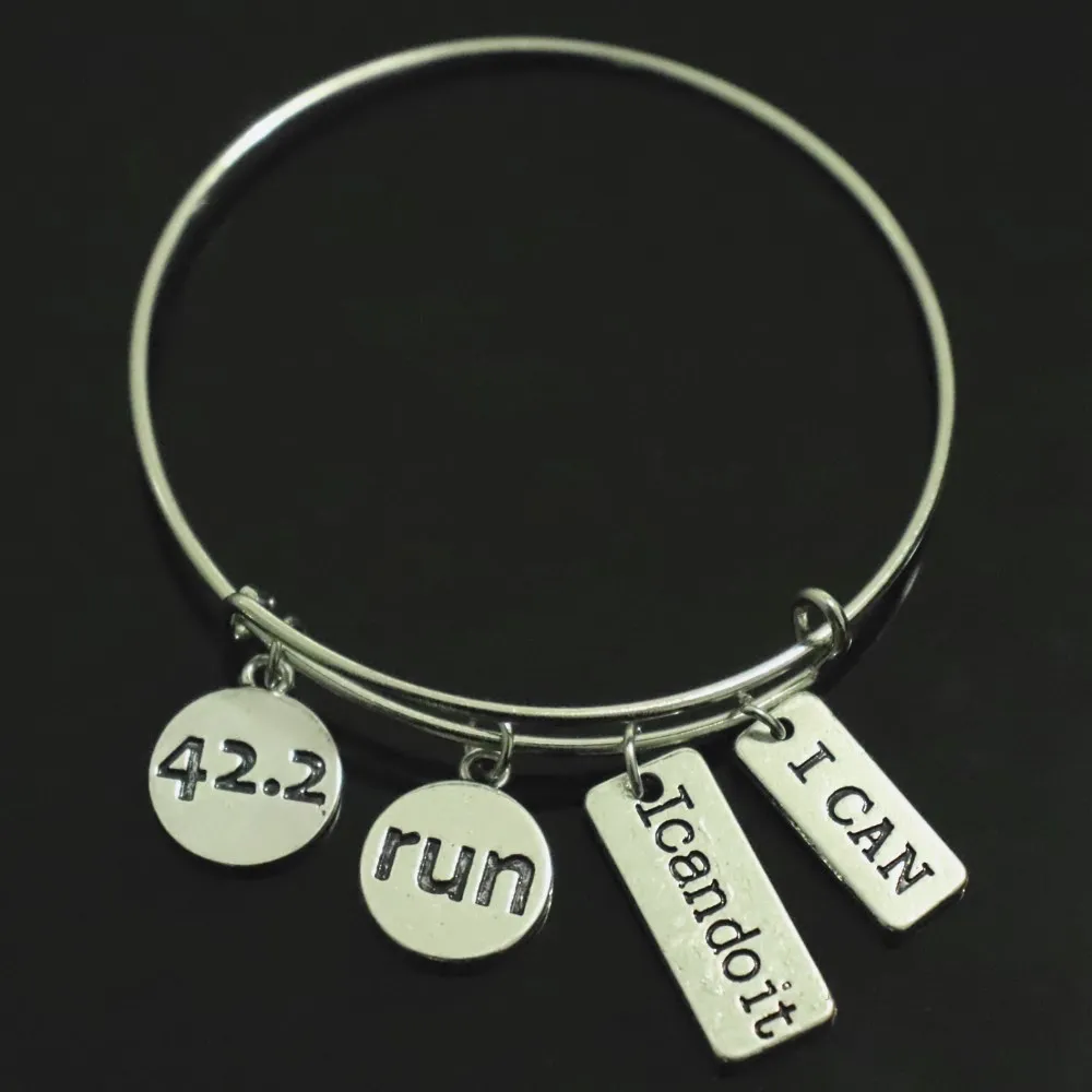 

Marathon Distance 42.2 Run I Can Do It I Did It Inspirational Adjustable Dangle Charm Bangles For Runners