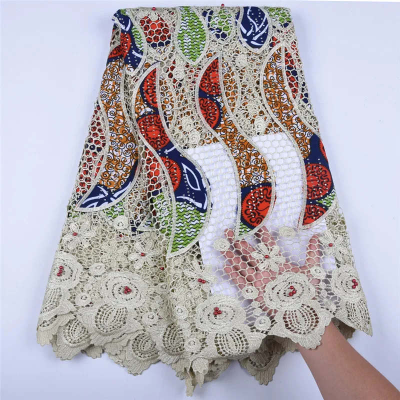 

High Quality Hollandais Wax Lace Fabric New Arrival Water soluble African Embroidery Dutch Wax With Guipure Lace FabricsF1587