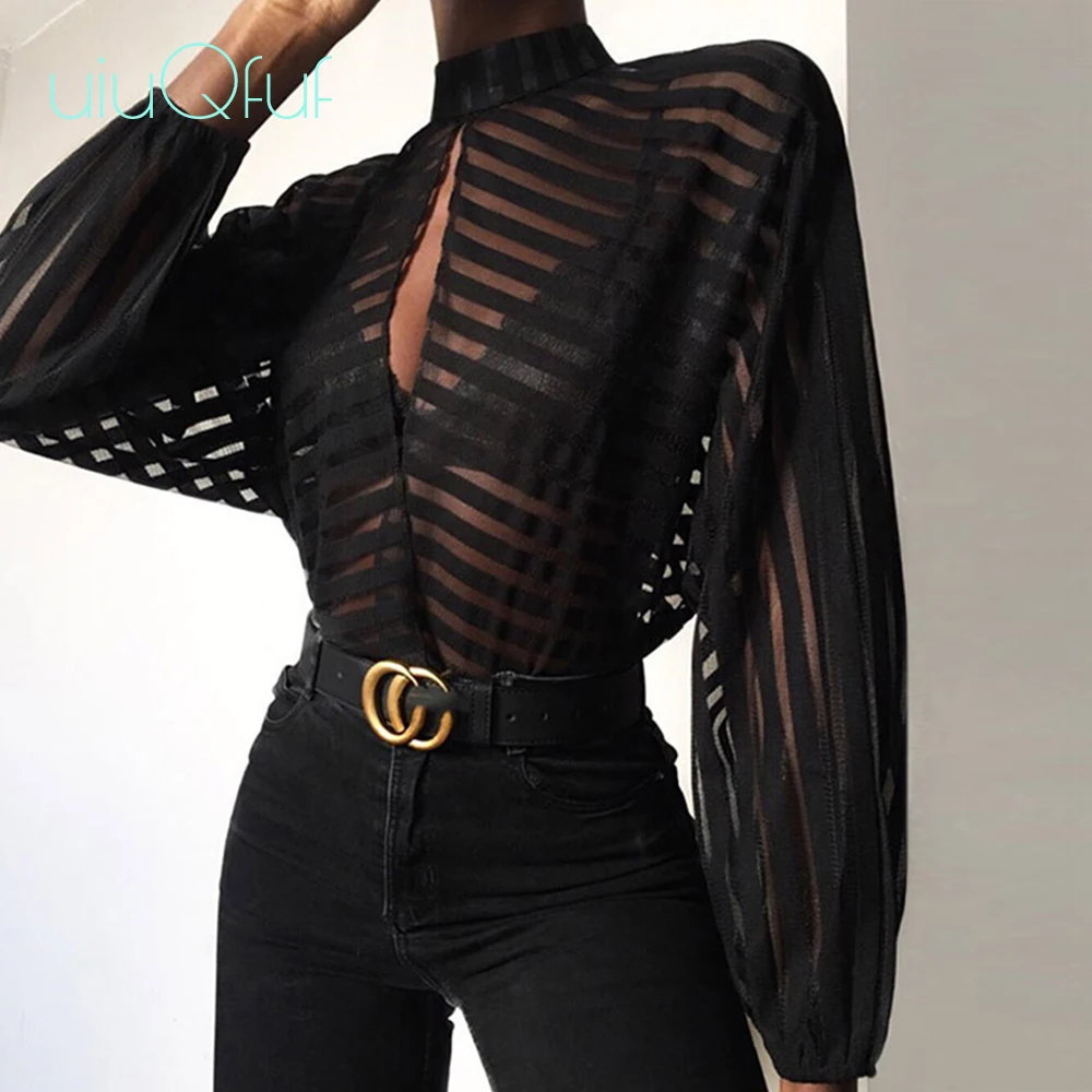 

Stripes Keyhole Front Mesh Women Shirts See Through Black Casual Sexy Party Blouses Mujer de Moda 2019 Female Stylish Hollow Out
