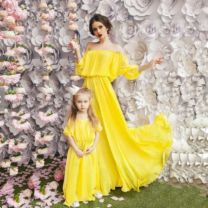 

Mom And Daughter Dress Chiffon Bubble Sleeves a Word Shoulder Temperament Sister Dress Matching Family Outfits Mommy Vestido
