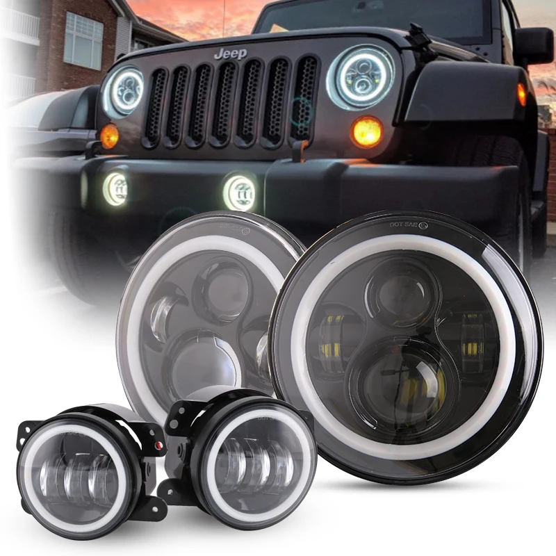 

7 Inch LED Halo Headlights + 4 Inch LED Fog Light DRL Combo Kit For Jeep Wrangler JK 2007-2017