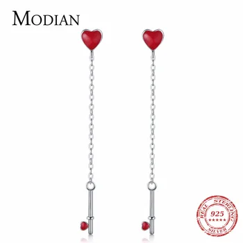 

Modian Authentic 925 Sterling Silver Lovely Tassel Stud Earrings Fashion Enamel Key Swing Hearts Jewelry For Women Wedding Gift