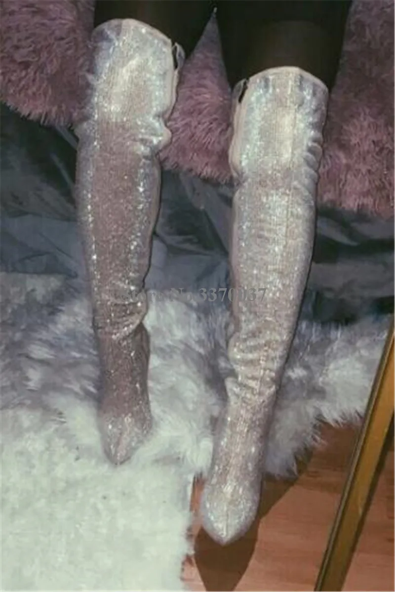 Women Luxurious Rhinestone Pointed Toe Over Knee Thin Heel Boots Bling Bling Crystal Slim High Heel Long Boots Wedding Shoes