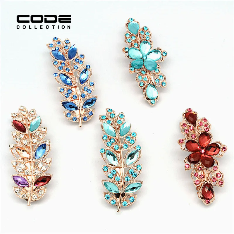 New Metal Leaf Barrettes Jewelry Gold Plated Hair Clip Crystal