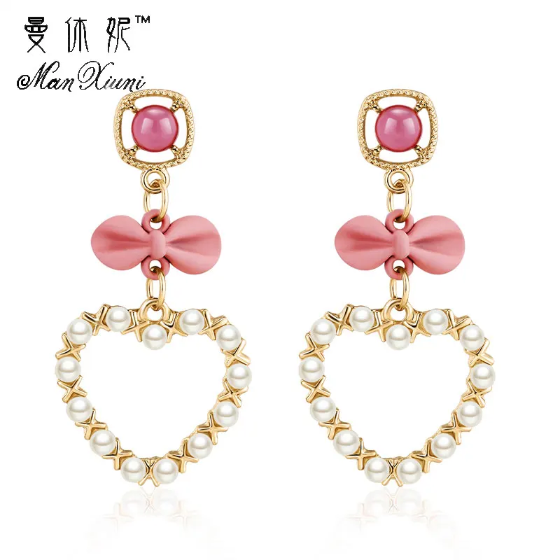 

Luxury oorbellen Rhineatone Bow tie Long Drop Dangle Earring Fashion Charm Pearl Heart Earrings for Women Jewelry Wholesale