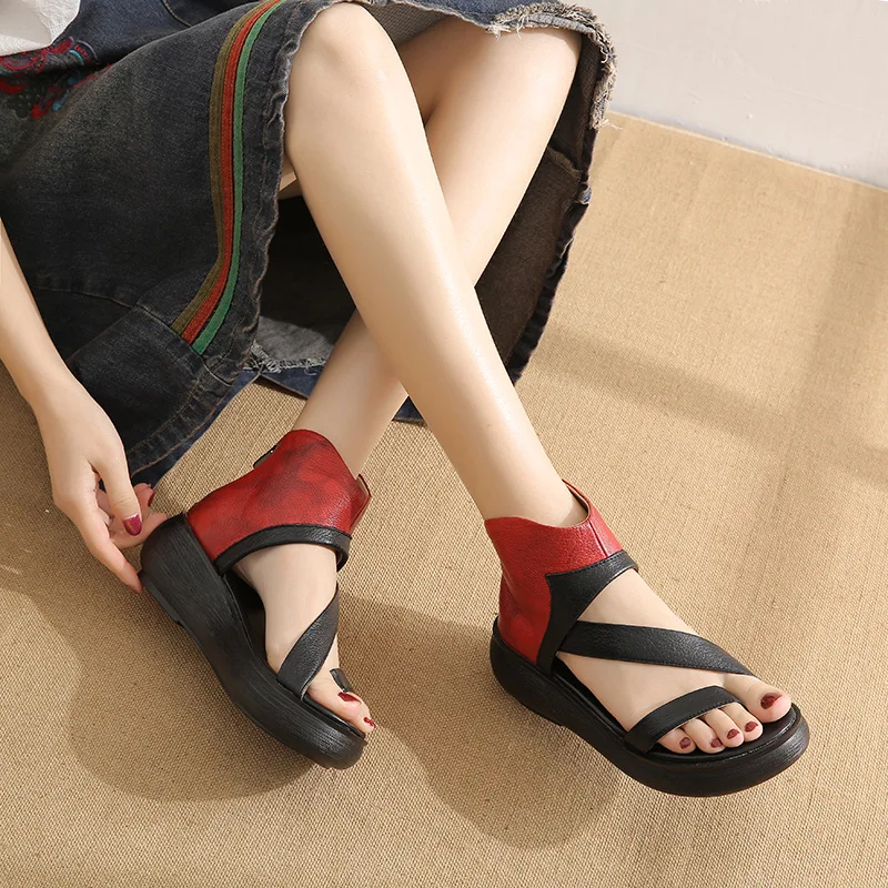 

Women Leather Sandals 5 Cm High Heels Wedges Summer Shoes Women Flip Flop Sandals Gladiator Black Shoes Genuine Leather Sandals